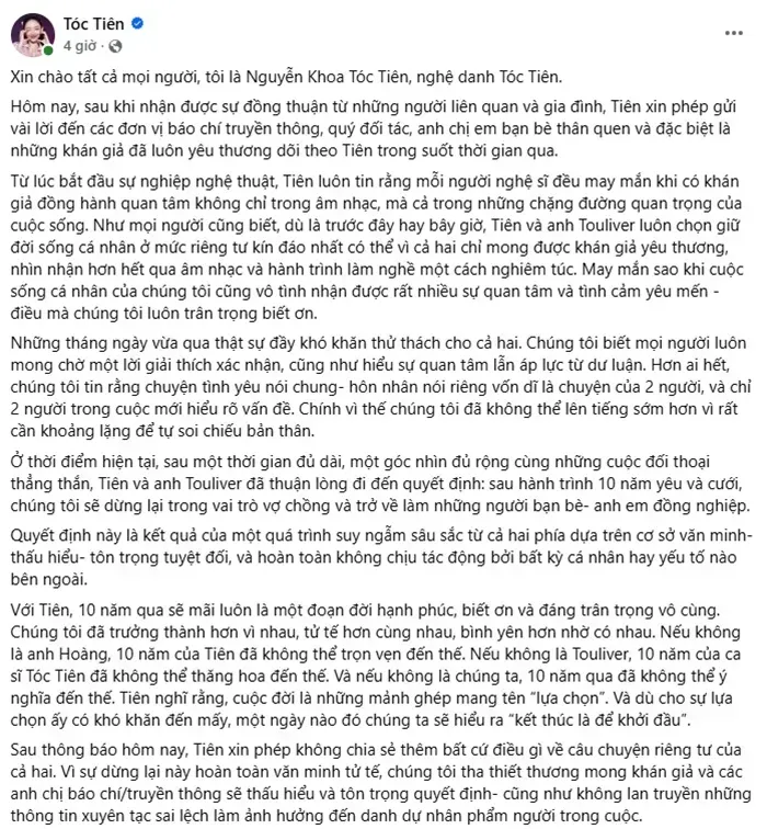 Ca sĩ T&oacute;c Ti&ecirc;n ly h&ocirc;n Ho&agrave;ng Touliver sau 10 năm gắn b&oacute;