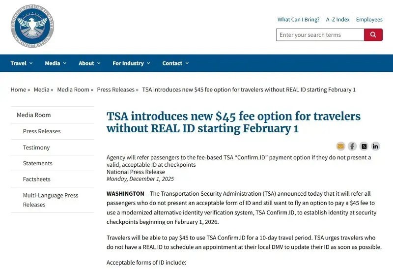 hoa-ky-hanh-khach-khong-co-real-id-phai-tra-45-usd-tu-thang-2-2026-1.webp Hoa Kỳ: Hành khách không có REAL ID phải trả 45 USD từ tháng 2/2026