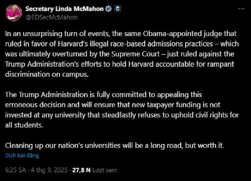 Chính quyền Trump thua kiện vụ đình chỉ 2 tỷ USD tài trợ của Harvard 