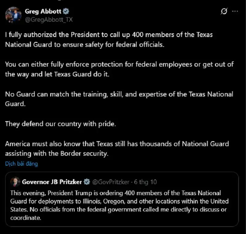 Vụ ông Trump điều động NG, Illinois kêu gọi Texas “bất tuân” chính quyền