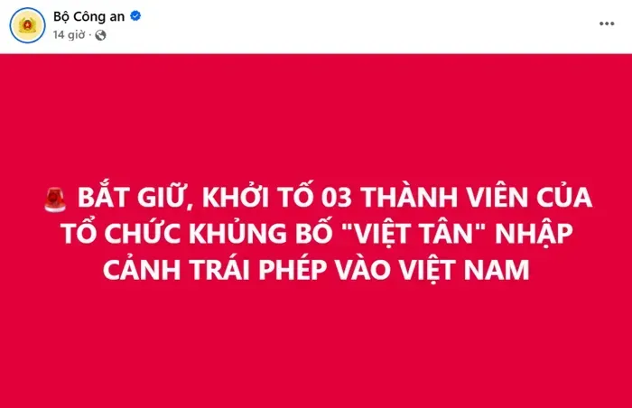 Việt Nam khởi tố 3 th&agrave;nh vi&ecirc;n tổ chức &ldquo;Việt T&acirc;n&rdquo; nhập cảnh tr&aacute;i ph&eacute;p 