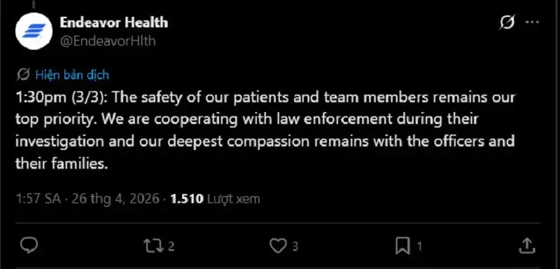 Illinois: Xả s&uacute;ng tại bệnh viện Chicago, hai cảnh s&aacute;t thương vong