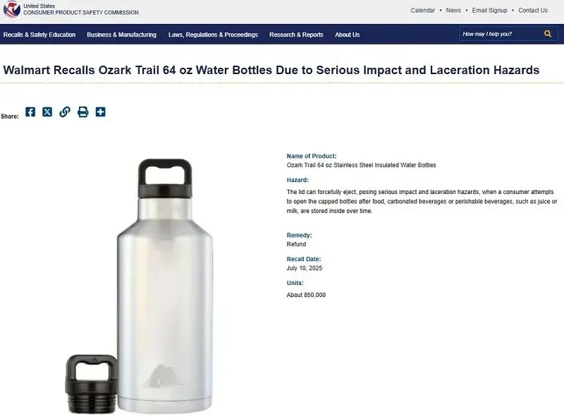 Walmart thu hồi 850.000 bình nước giữ nhiệt bằng thép do ảnh hưởng thị lực Walmart thu hồi 850.000 bình nước giữ nhiệt bằng thép do ảnh hưởng thị lực