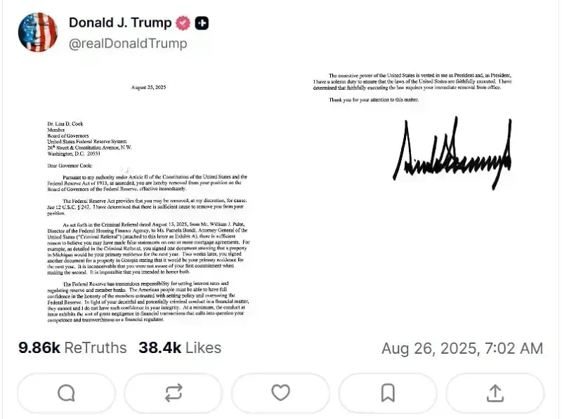 Trump yêu cầu SCOTUS cho phép sa thải Thống đốc Fed Lisa Cook