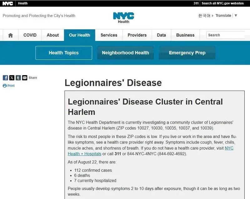 Dịch bệnh Legionnaires bùng phát ở New York, 6 người tử vong, 112 ca nhiễm