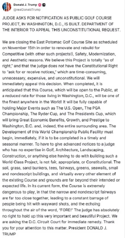 Ch&iacute;nh quyền &ocirc;ng Trump phải giải tr&igrave;nh kế hoạch cải tạo s&acirc;n golf ở Washington