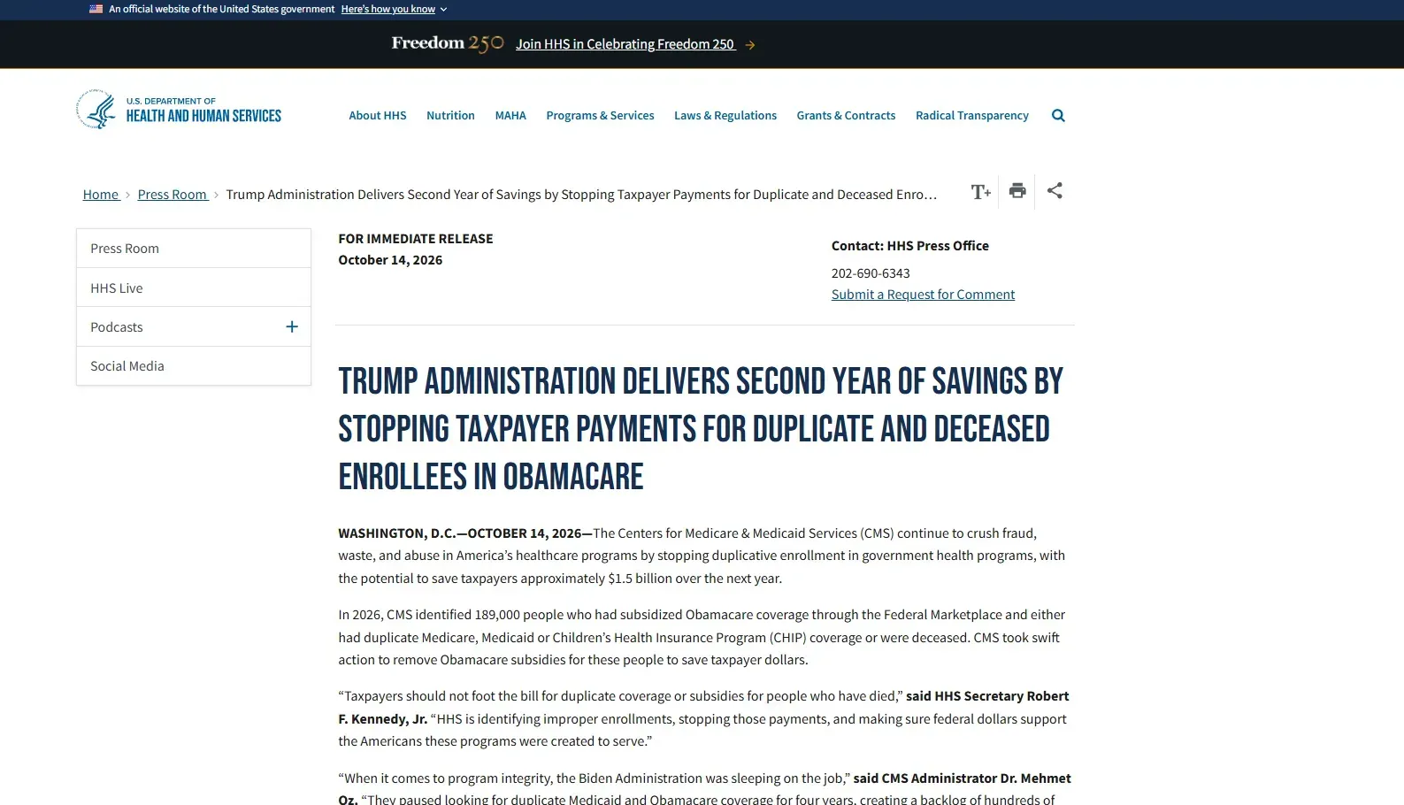 Hoa Kỳ dừng trợ cấp Obamacare đối với người đăng k&yacute; tr&ugrave;ng lặp v&agrave; đ&atilde; qua đời