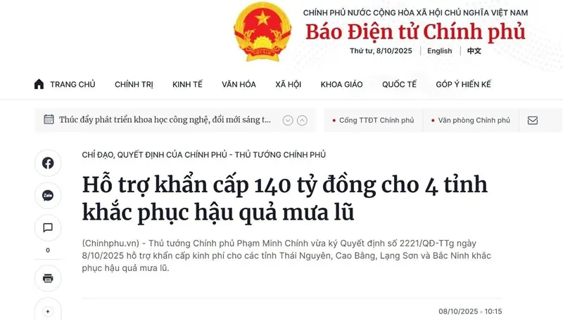 Việt Nam: Hỗ trợ khẩn cấp 140 tỷ đồng cho các tỉnh thiệt hại do mưa lũ