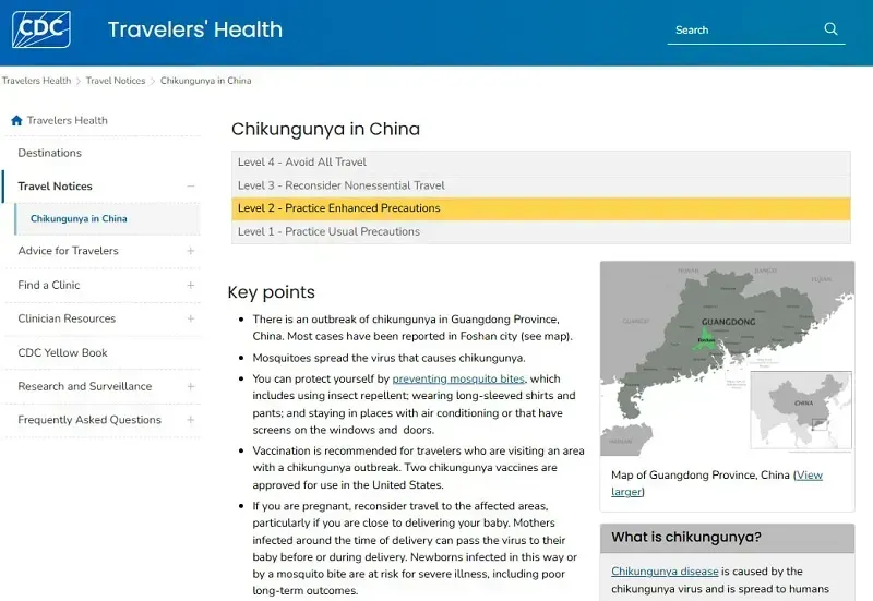 Hoa Kỳ cảnh báo du khách về virus lây truyền qua muỗi ở Trung Quốc