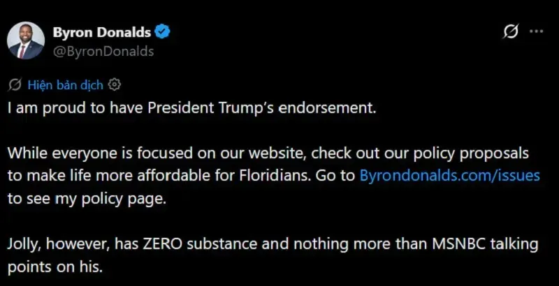 &Ocirc;ng Trump b&aacute;c tin đồn m&acirc;u thuẫn với Byron Donalds, tố truyền th&ocirc;ng bịa đặt