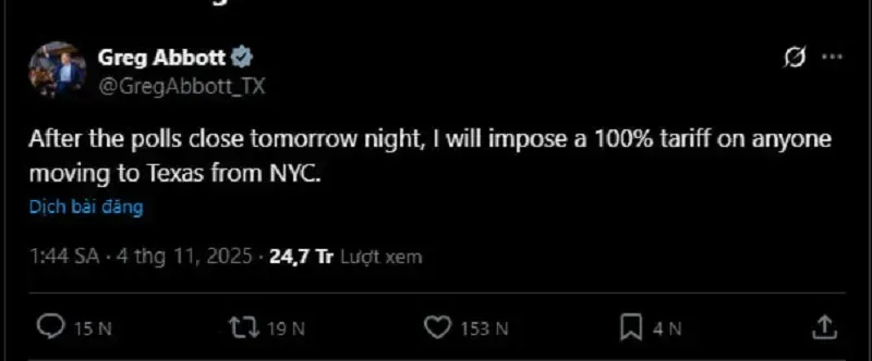 Texas sẽ áp thuế 100% lên người dân New York chuyển đến bang