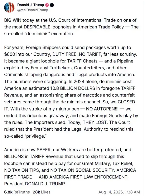 T&ograve;a thương mại Hoa Kỳ ủng hộ &ocirc;ng Trump chấm dứt ch&iacute;nh s&aacute;ch &ldquo;de minimis&rdquo;