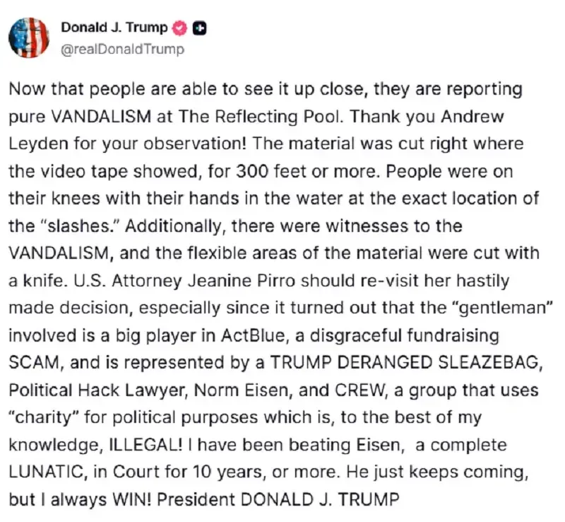 &Ocirc;ng Trump y&ecirc;u cầu DOJ xem x&eacute;t lại vụ hồ phản chiếu bị ph&aacute; hoại