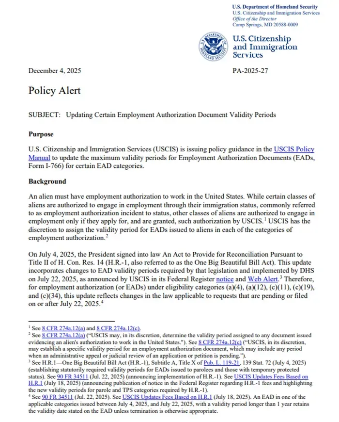 Hoa Kỳ giảm thời hạn giấy phép lao động xuống còn 18 tháng