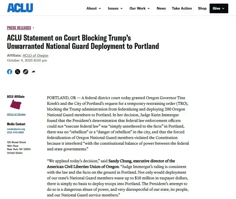 Việc triển khai Vệ binh Quốc gia đến Portland của Trump tạm thời bị chặn