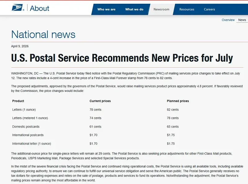 Khủng hoảng t&agrave;i ch&iacute;nh, bưu điện Hoa Kỳ đề xuất tăng gi&aacute; tem thư 