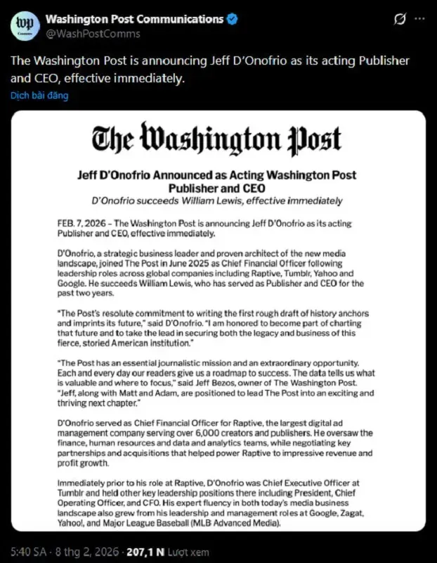 CEO Washington Post từ chức sau đợt sa thải gần 1/3 nh&acirc;n vi&ecirc;n
