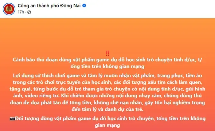 Cảnh b&aacute;o thủ đoạn d&ugrave;ng vật phẩm game dụ dỗ học sinh gửi h&igrave;nh ảnh nhạy cảm để tống tiền