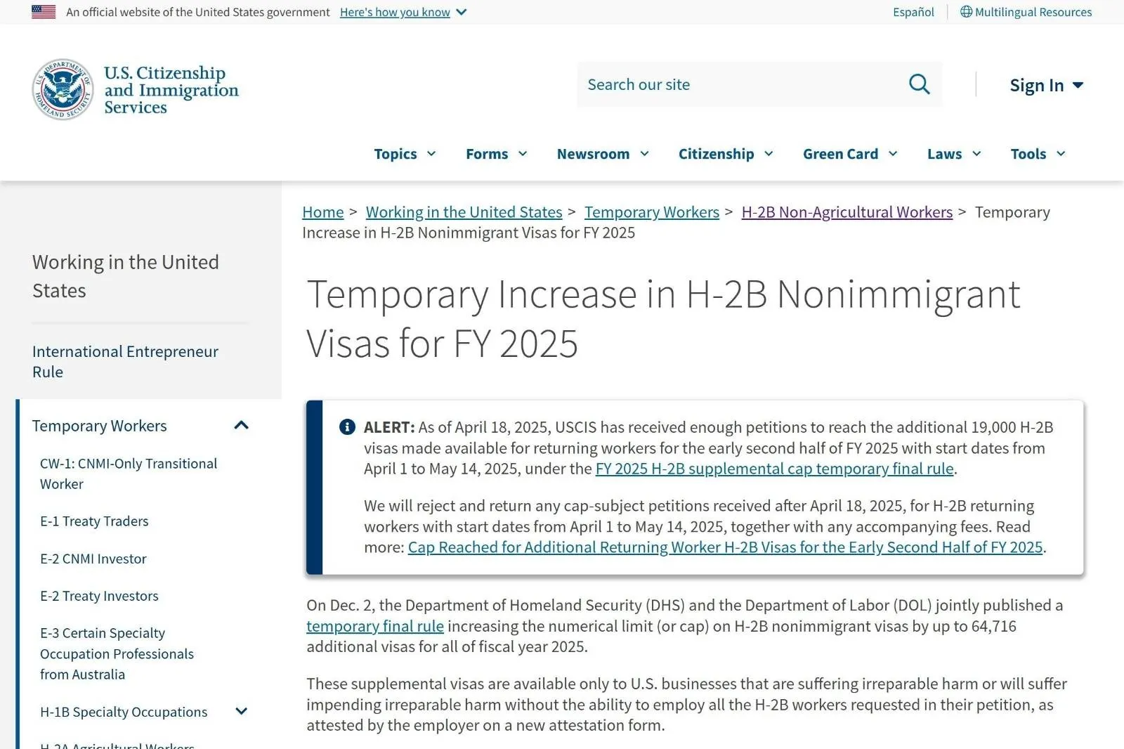 USCIS mở rộng thêm 64.716 suất visa H-2B cho năm tài chính 2025 USCIS mở rộng thêm 64.716 suất visa H-2B cho năm tài chính 2025