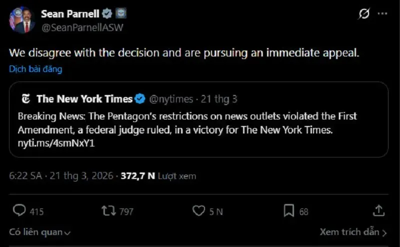 Thẩm ph&aacute;n li&ecirc;n bang b&aacute;c bỏ ch&iacute;nh s&aacute;ch hạn chế b&aacute;o ch&iacute; tại Lầu Năm G&oacute;c