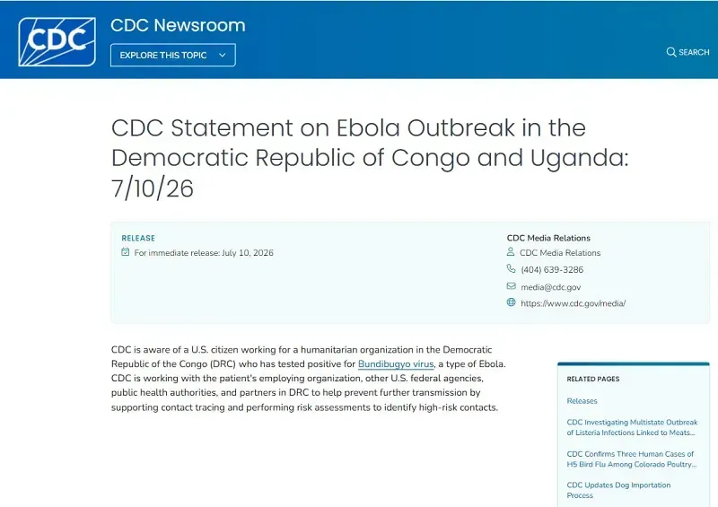 CDC: Một c&ocirc;ng d&acirc;n Hoa Kỳ tại Congo dương t&iacute;nh virus Ebola