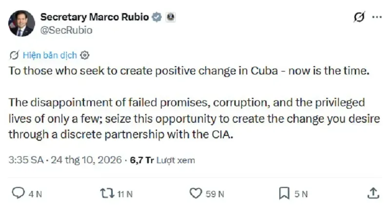 Ngoại trưởng Hoa Kỳ k&ecirc;u gọi người d&acirc;n Cuba hợp t&aacute;c với CIA