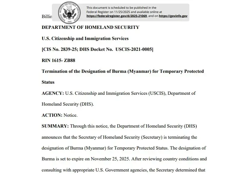 Hoa Kỳ chấm dứt bảo vệ trục xuất đối với người nhập cư Myanmar