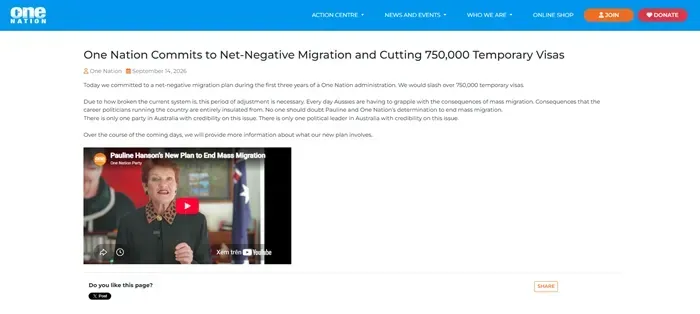 Đảng One Nation muốn cắt giảm hơn 750.000 visa tạm tr&uacute; tại &Uacute;c