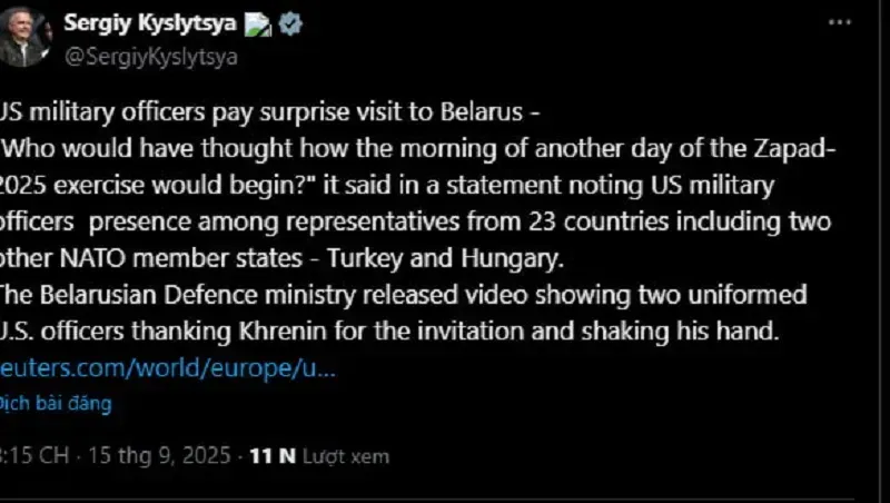 Sĩ quan quân đội Hoa Kỳ đến Belarus quan sát buổi tập trận với Nga