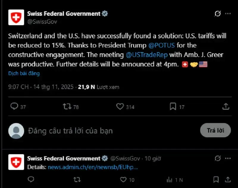 Hoa-Ky-giam-thue-quan-doi-voi-hang-hoa-Thuy-Si-con-15-%-2.webp Hoa Kỳ giảm thuế quan đối với hàng hóa Thụy Sĩ còn 15%