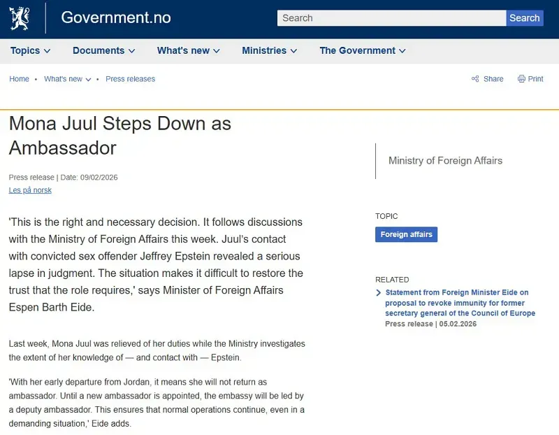 Đại sứ Na Uy từ chức v&igrave; c&aacute;o buộc li&ecirc;n hệ với Jeffrey Epstein