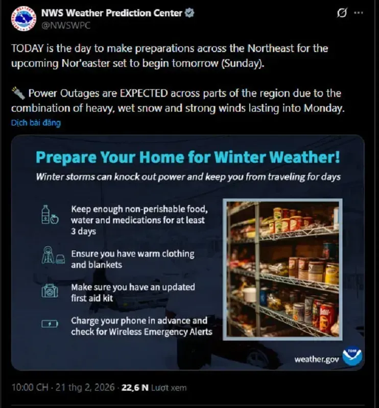 Hoa Kỳ: Hơn 50 triệu người nguy cơ đối mặt si&ecirc;u b&atilde;o tuyết