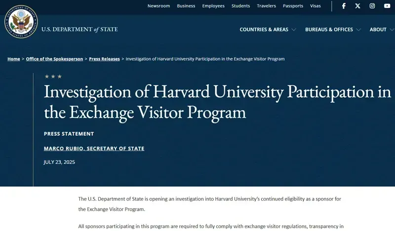 Harvard bị DOS xem xét điều kiện bảo trợ cấp Visa J-1