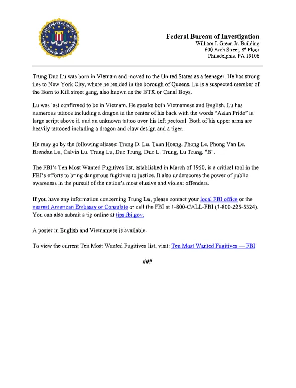 FBI Offers $1 Million Reward for Information Leading to Arrest of Murder Suspect Trung Duc Lu