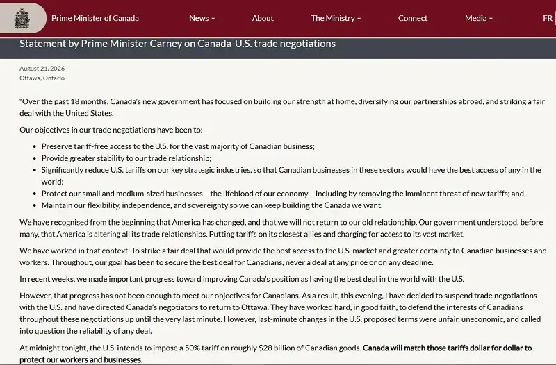 Hoa Kỳ &aacute;p thuế 50% h&agrave;ng h&oacute;a Canada, Ottawa chuẩn bị trả đũa