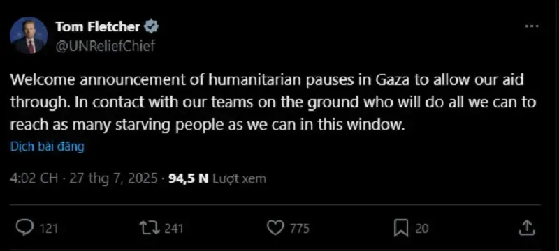 Israel tạm dừng hoạt động quân sự  ở Gaza tạo điều kiện thả hàng viện trợ