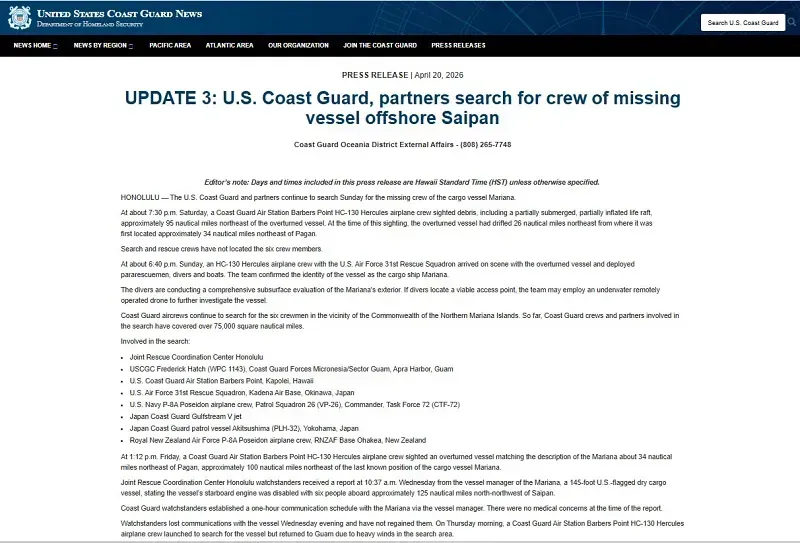 Hoa Kỳ: T&igrave;m thủy thủ đo&agrave;n mất t&iacute;ch sau vụ lật t&agrave;u ở Th&aacute;i B&igrave;nh Dương