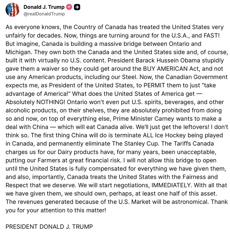 &Ocirc;ng Trump dọa ngăn kh&aacute;nh th&agrave;nh c&acirc;y cầu nối liền Hoa Kỳ - Canada 