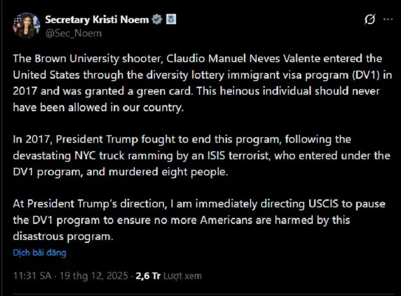 Hoa Kỳ dừng chương tr&igrave;nh &ldquo;Thẻ xanh Xổ số&rdquo; sau vụ xả s&uacute;ng ở Đại học Brown