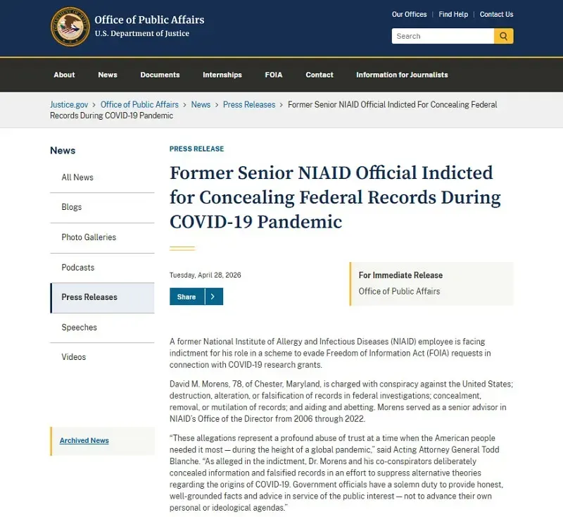Cựu cố vấn cấp cao NIAID bị truy tố v&igrave; che giấu t&agrave;i liệu COVID-19