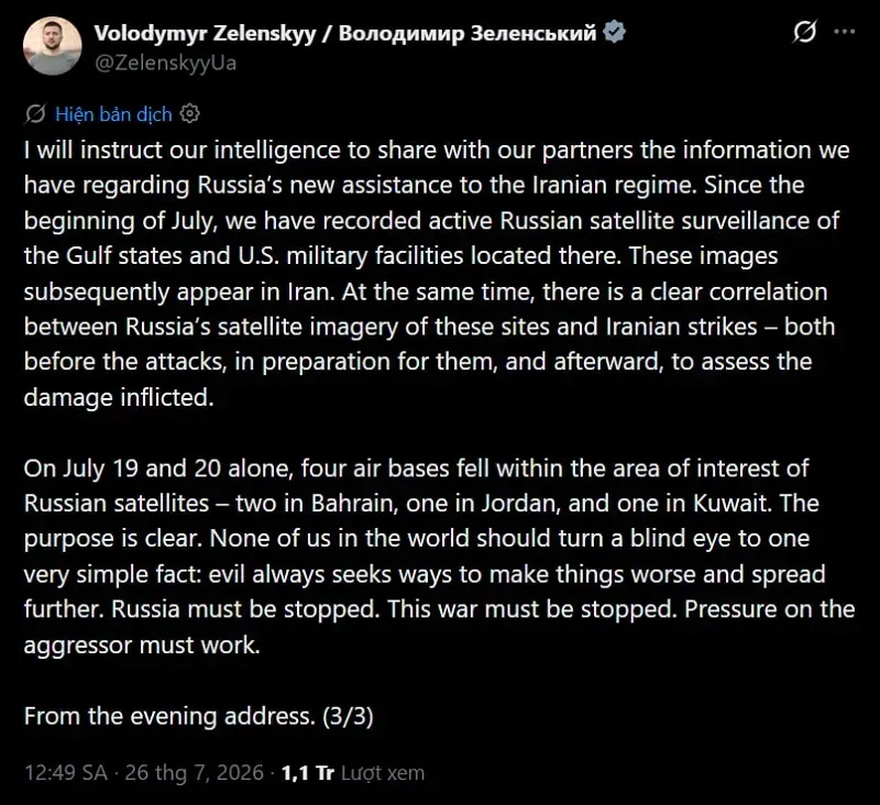 Zelensky c&aacute;o buộc Nga hỗ trợ Iran x&aacute;c định vị tr&iacute; căn cứ qu&acirc;n sự Hoa Kỳ