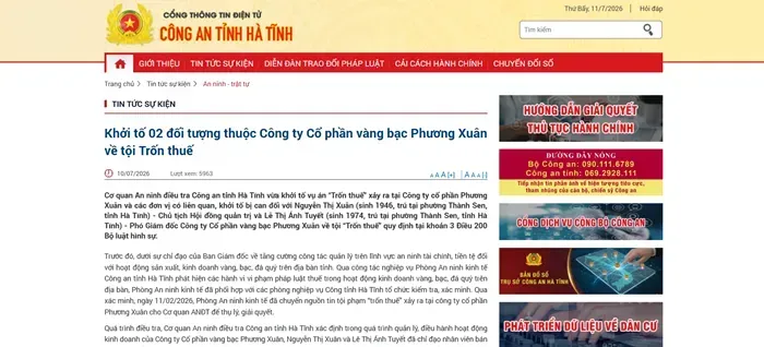 Khởi tố 2 l&atilde;nh đạo C&ocirc;ng ty CP v&agrave;ng bạc Phương Xu&acirc;n v&igrave; trốn thuế