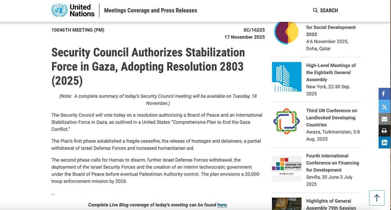 Liên hợp quốc thông qua Nghị quyết về Dải Gaza của Hoa Kỳ