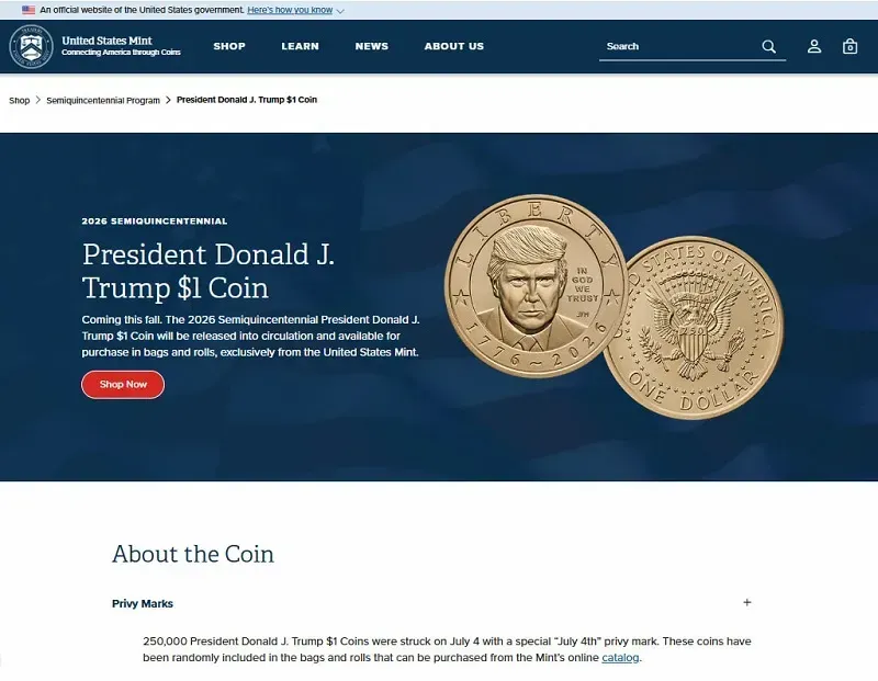 Hoa Kỳ ch&iacute;nh thức ph&aacute;t h&agrave;nh đồng xu 1 USD c&oacute; h&igrave;nh Tổng thống Trump