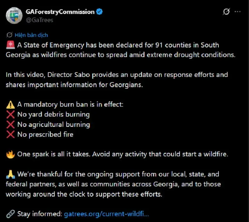 Hoa Kỳ: Ch&aacute;y rừng nghi&ecirc;m trọng tại Georgia, h&agrave;ng chục ng&ocirc;i nh&agrave; bị thi&ecirc;u rụi