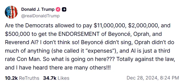 Trump tố Đảng Dân chủ chi hàng triệu USD “mua” sự ủng hộ của Beyoncé trước bầu cử