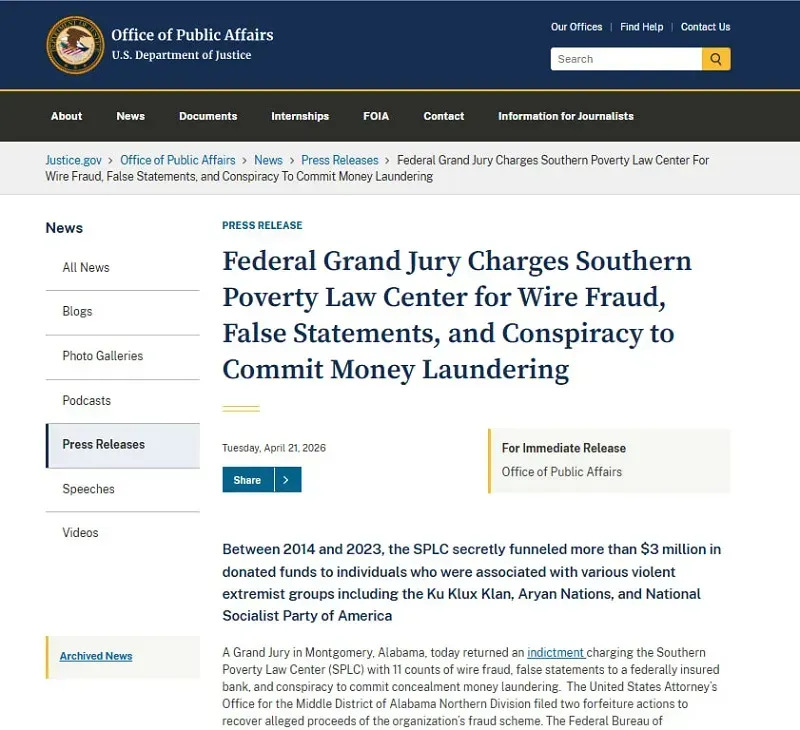 DOJ c&aacute;o buộc Trung t&acirc;m Luật Ngh&egrave;o đ&oacute;i miền Nam t&agrave;i trợ nh&oacute;m cực đoan