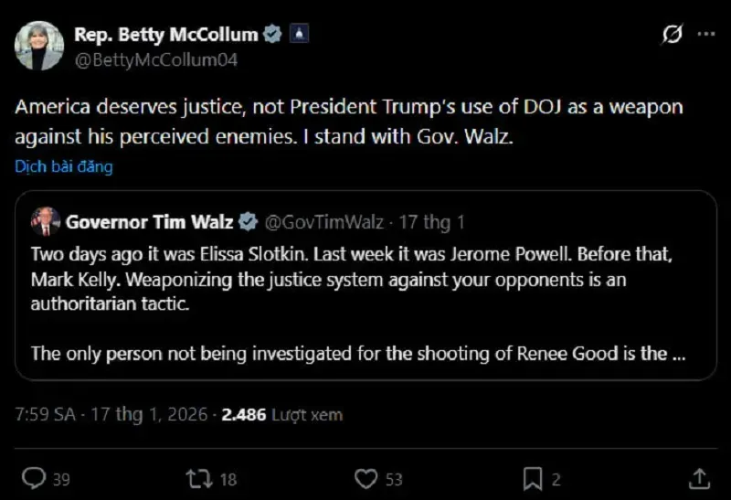 Đảng D&acirc;n chủ bảo vệ Thống đốc Minnesota bị DOJ triệu tập