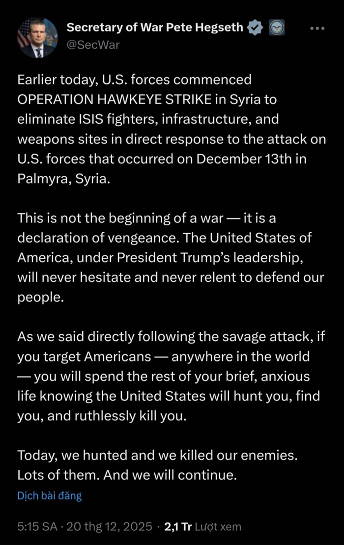 Hoa Kỳ mạnh tay kh&ocirc;ng k&iacute;ch trả đũa IS tại Syria