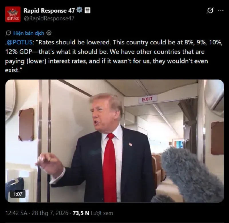&Ocirc;ng Trump ca ngợi Chủ tịch Fed, đồng thời k&ecirc;u gọi hạ l&atilde;i suất
